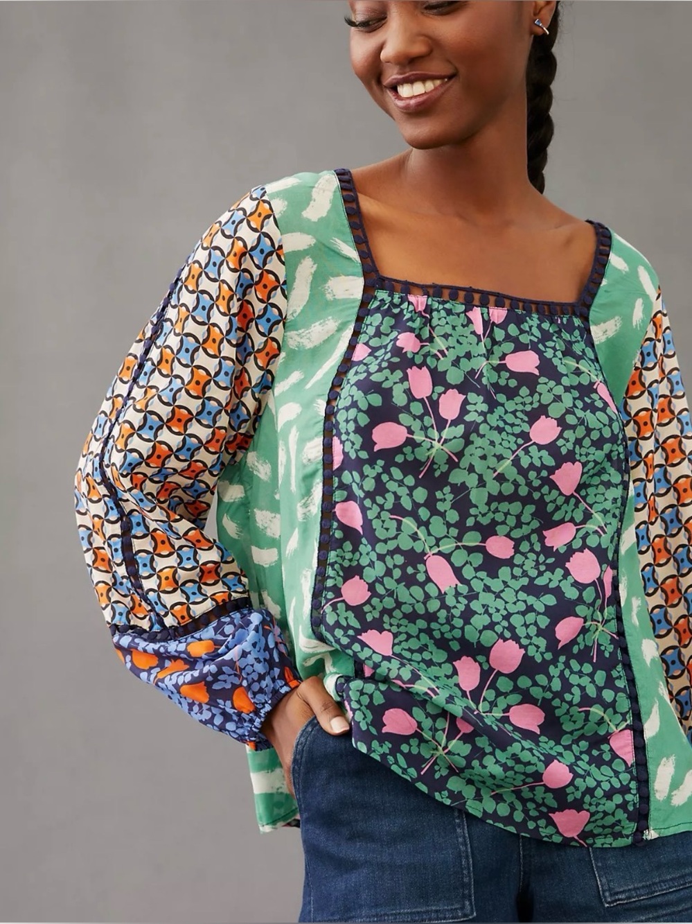 Maeve Anthropologie Women's Green Floral Print Boho Long Sleeve Blouse Top XS